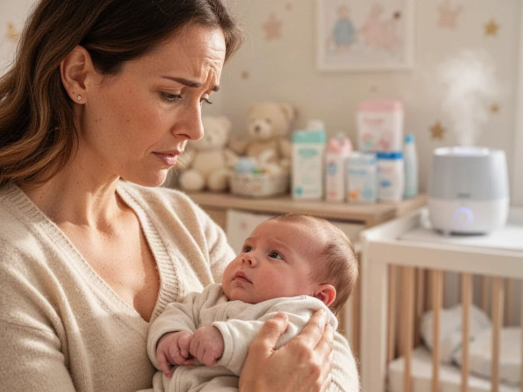 Zatroskana mama przytula niemowlę w przytulnym pokoju dziecięcym z nawilżaczem powietrza w tle.