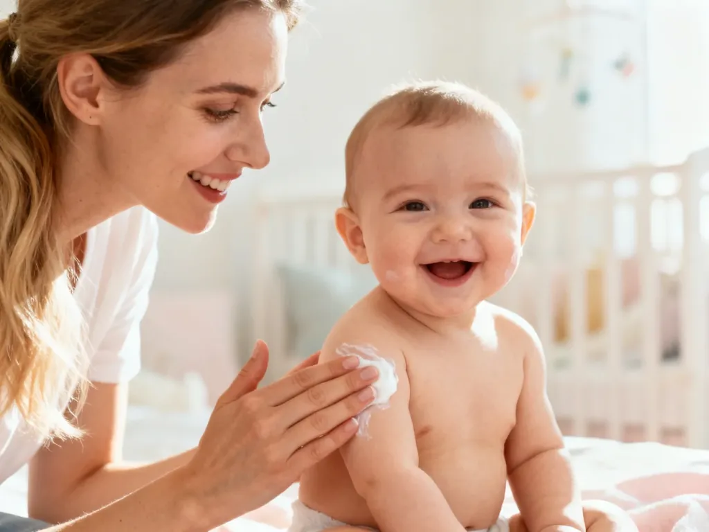 Mama delikatnie nakłada krem na skórę niemowlęcia w przytulnym pokoju dziecięcym.