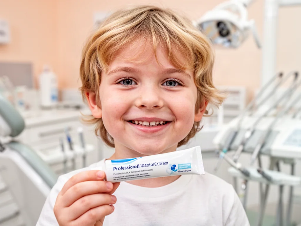 Uśmiechnięte dziecko trzymające tubkę preparatu Tooth Mousse w profesjonalnym gabinecie stomatologicznym.
