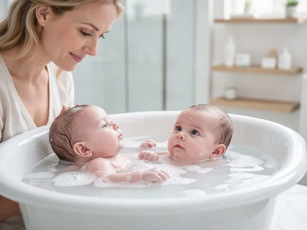 Mama delikatnie kąpie niemowlę w wannie z mętną wodą z krochmalem, dbając o wrażliwą skórę dziecka.
