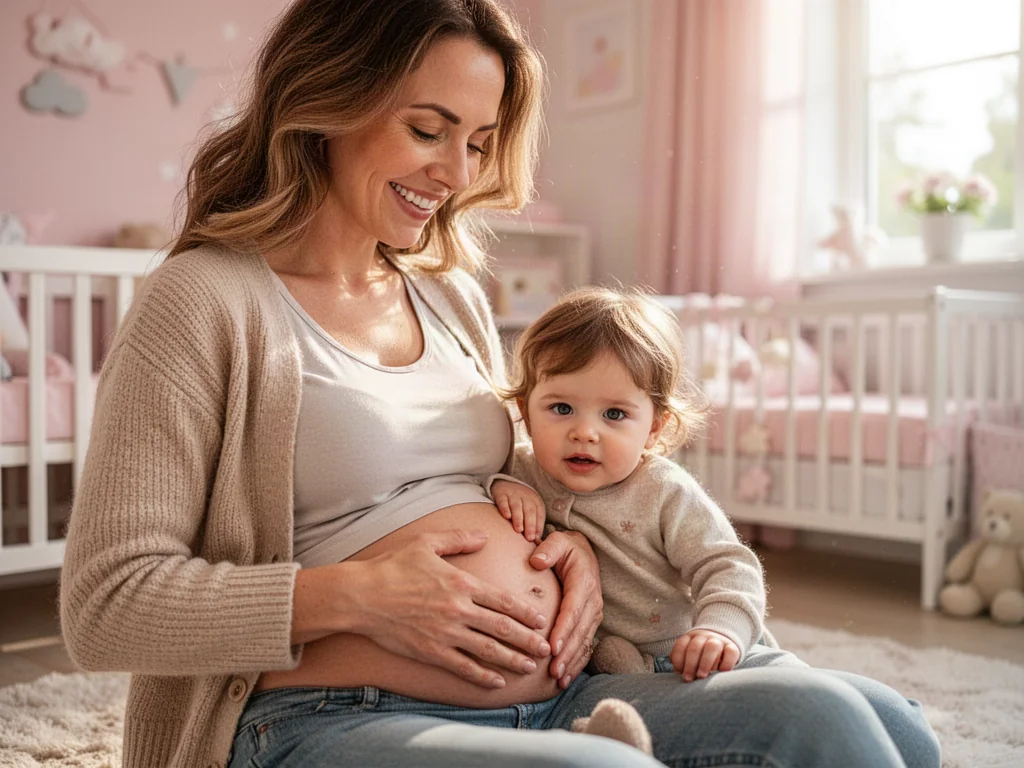 Uśmiechnięta mama delikatnie masuje brzuszek swojego dziecka w przytulnym pokoju, stosując domowy sposób na ból.
