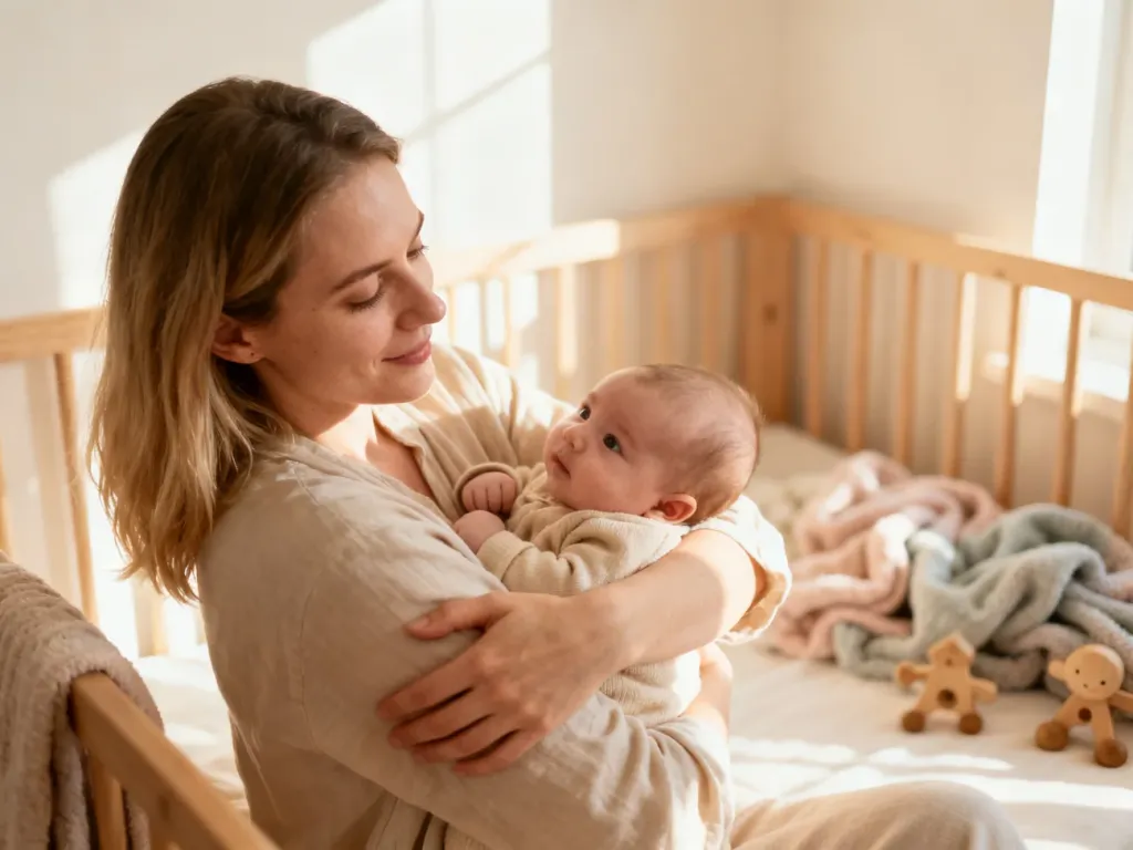 Troskliwa mama trzymająca niemowlę w przytulnym pokoju dziecięcym, budująca atmosferę spokoju i opieki.