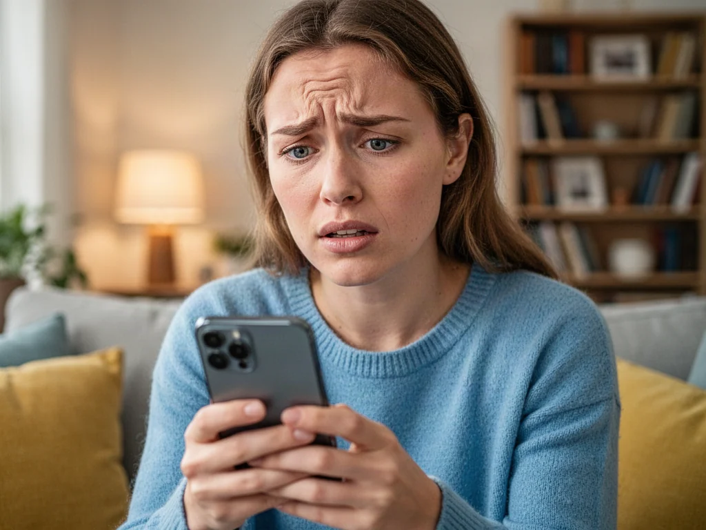 Zatroskana młoda kobieta trzymająca smartfon w przytulnym salonie, szukająca pomocy lub wsparcia.