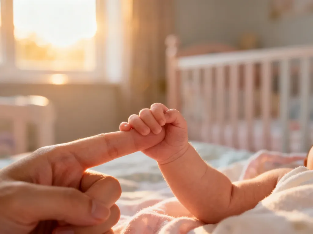 Dłoń noworodka delikatnie trzymająca palec rodzica w przytulnym, nasłonecznionym pokoju dziecięcym.