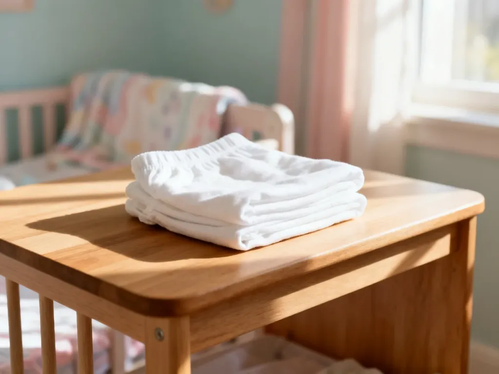 Czysta, bawełniana pieluszka na drewnianym przewijaku w przytulnym pokoju dziecięcym.