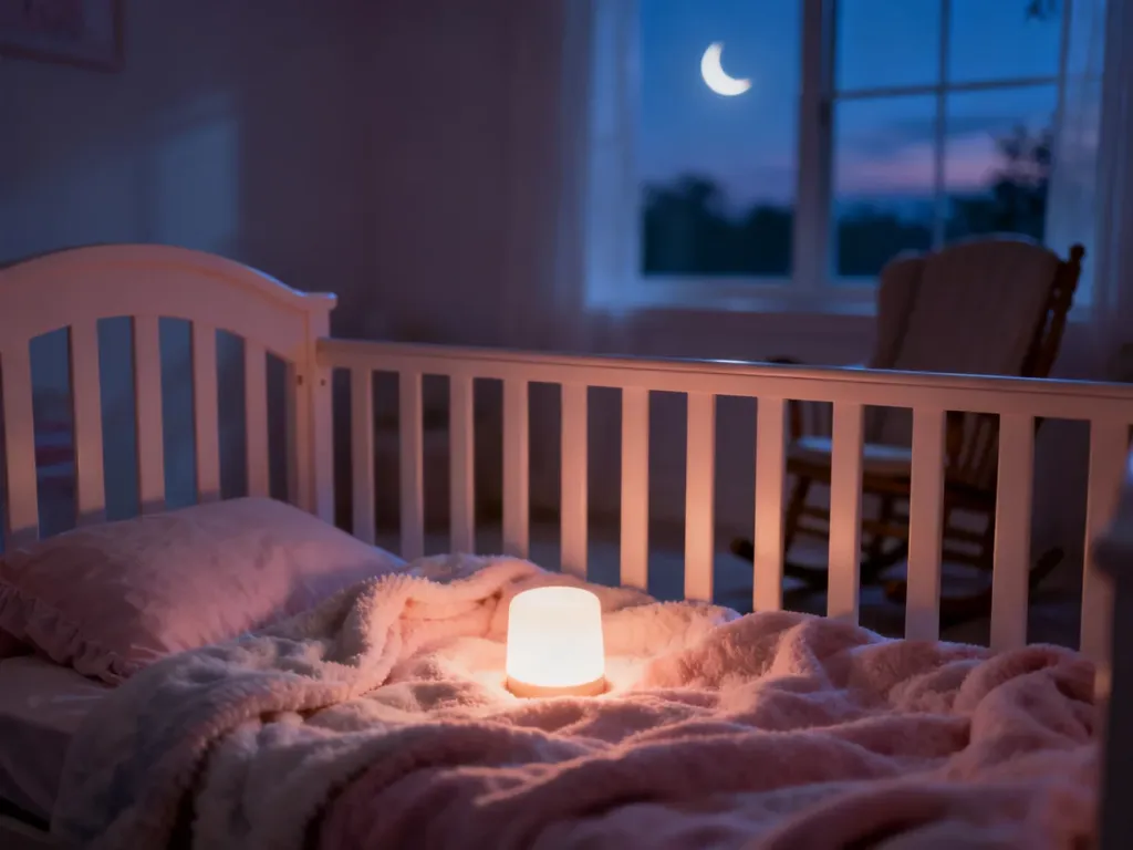 Przytulne, zaciemnione łóżeczko dziecięce w nocy, oświetlone delikatnym światłem lampki nocnej.
