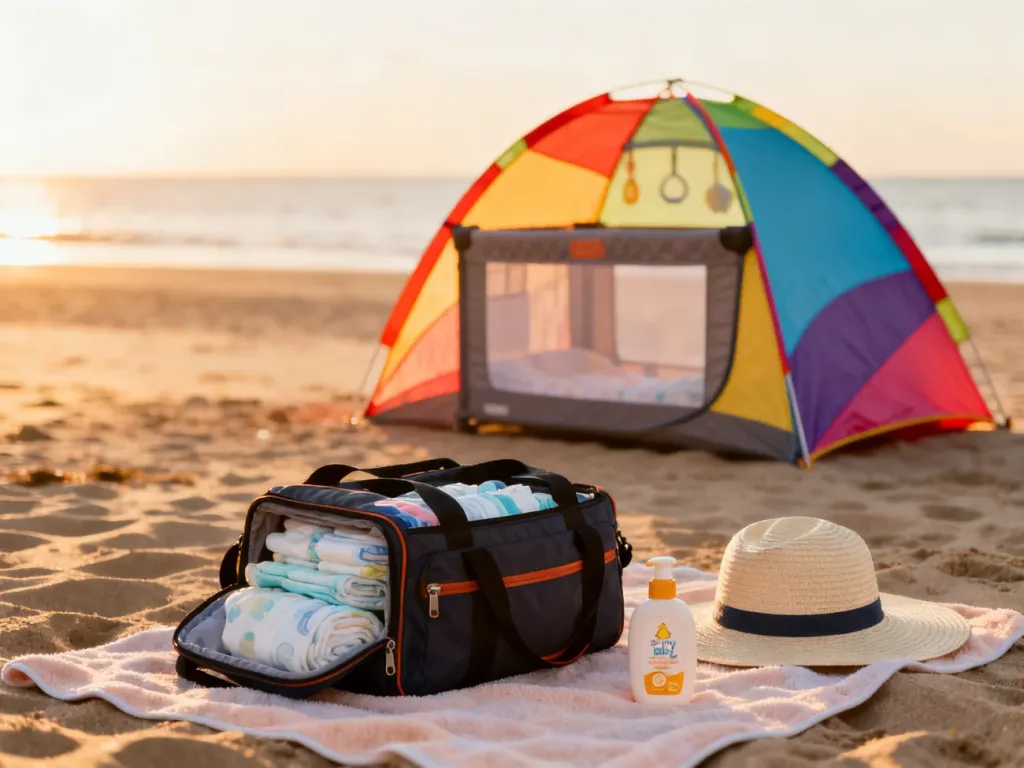 Przenośne łóżeczko i namiot plażowy dla dziecka na piasku, obok torba z akcesoriami w ciepłym świetle zachodzącego słońca.